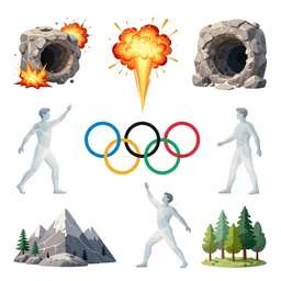 multiple close interacting human figures as olympic icons, explosions!, caves!, holes, mountains, trees!!, concept art, illustration, transparency, sss, occlusion, high contrast, very long shadows, on white