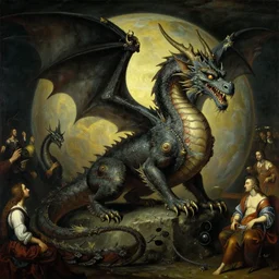 A majestic gothic planetary dragon, by Francis Bacon, by Salvador Dali, by Francisco de Goya, by Caravaggio, by Sandro Botticelli, masterpiece, oil on canvas, trending on artstation, top on pixiv, cinematic composition, dramatic scene, beautiful lighting, concept art, sharp, high details, astrophotography, no frames, 8K