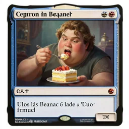 a fat man eating a cake as a magic the gathering card, realistic, magic art style