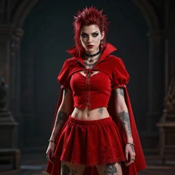Beautiful female, full body, little red riding hood, punk rock, piercings, tattoos, skirt, midriff, dramatic lighting, cinematic, establishing shot, extremely high detail, foto realistic, cinematic lighting, post processed, concept art, high details, cinematic, 8k resolution, beautiful detailed, photorealistic, digital painting, artstation, concept art, smooth, sharp focus, artstation trending, octane render, unreal engine