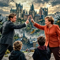 Brad Pitt and Agela Merkel having a wand battle while Harry is watching during the battle of Hogwarts, cinematic, very detailed, Artstation