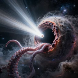 outer space, stars, nebula, galaxy, clouds, giant space faring worm eating planet with gaping mouth maw black hole cortex,3 massive scale, light shafts, realistic tentacles, tendrils, environment