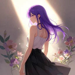 girl with purple hair and black skirt, flower decoration on the background, a beautiful half body illustration, backlit, harsh overhead sunlight, art by seungmin kim and sakimichan