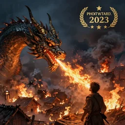 Dragon spits fire on a man, burning village in background, plumes of smoke in background, at night, digital painting, highly-detailed