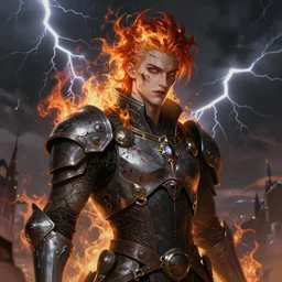 portrait of beautiful gothic and futuristic young man with a lot of scars, more thunderstorm, dressed in cyber armor, a lot of scars, firestorm hair, the middle ages, highly detailed, artstation, illustration, art by jean delville and leon gerome, 8 k quality