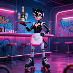 an attractive robot waitress catwoman on rollerblades with a tray with a champagne bottle and two champagne glasses, scene is a futuristic bar, layout like american graffiti poster, nikon photography, 3 5 mm, at night with pink and blue neon light, hyperdetailed, funny, caricature