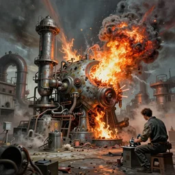 airbrushed awful mold overruning exploding automation factory by jack kirby, wayne d barlowe, lit by dynamite, torch flare, fine art masterpiece baked at 3 0 0 f, matte painting, cold lighting, aged with sunlight, award winning horror, photorealistic render, cinematic
