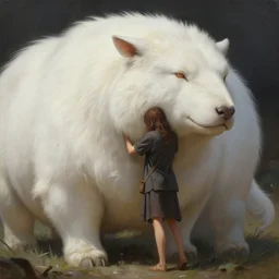 a person hugging a large white animal, a detailed painting by krenz cushart, pixiv contest winner, fantasy art, official art, detailed painting, pixiv. highly detailed. 4 k masterpiece. unreal engine. photorealistic. realism. cinematic. photorealism. wideshot