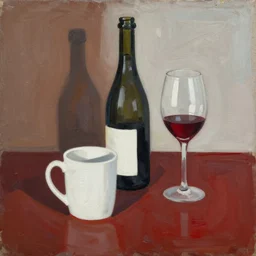 abstract monotone oil painting, minimal, white mug, glass bottle, wine glass, on a table. brown, red, white, black. in the style of john craxton, similar aesthetics to ivon hitchins. picasso