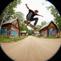 a detailed beautiful matte painting of a skateboarder, kick flip, pilgrim village setting, log homes with graffiti, dirt road, trees by Mikko Lagerstedt and Raphael Lacoste, graffiti log homes with graffiti by Fintan Magee, fisheye lens