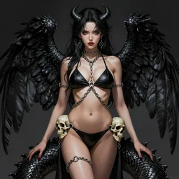 gorgeous!! woman as a chained demoness sorcerer wearing a bikini, d & d, black angel wings, skulls at her hips, black dragon skin | art by jack kirby + akira toriyama + katsuhiro otomo + hirohiko araki | intricate, highly detailed, digital painting, smooth, sharp focus, hyper - realistic, symmetrical