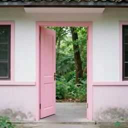 a pink open door in a building that leads into a forest