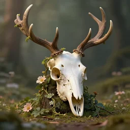 cute spirit, deer skull, branch antlers, vines and flowers, high detail, cinematic lighting,