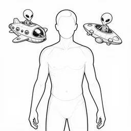 a cross contour drawing of a human with an alien in a spaceship