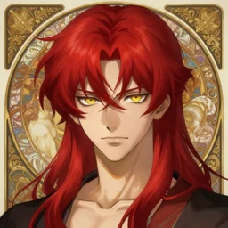 portrait of hisoka morow hunter hunter, male, melon face very sharp jaw yellow eyes narrow sultry eyes red hair soft hair tousled crimson medium length hair, anime, fantasy, intricate, elegant, highly detailed, digital painting, artstation sharp focus, madonna art by artgerm and greg rutkowski and alphonse mucha