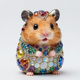 cute hamster statue, portrait, rainbow gems, made of ornate gemstones, ruby sapphire emerald opal onyx, hamster is gems