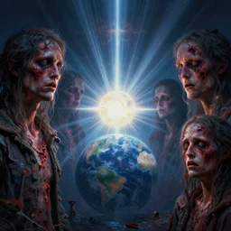 scarred faces, distorted by suffering and pain. the light of the dying star y reached earth and caused a phantasmogorical surreal apocalypse. extremely high details, masterpiece, unreal colors, rays of light, art by dariusz zawadzki, wayne barlowe, patrick woodroffe, noah bradley