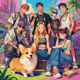 beautiful anime painting of hiphop solarpunk summertime chill with corgi, by sherree valentine daines, peter mohrbacher, alice neel, donato giancola, mike winkelmann, laurie greasley. trending on artstation, 8 k, masterpiece, graffiti, fine detail, full of color, intricate detail, golden ratio illustration