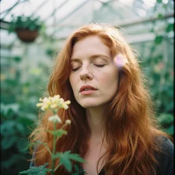 An analog head and shoulder frontal face portrait photography of a redhead woman in a greenhouse full of plants by Annie Leibovitz. Long hair. eyes closed. Agfa Vista 800 film. Sunshine. detailed. hq. realistic. Rembrandt light style. warm light. muted colors. lens flare. photoreal. Bloom and glare. Leica M9.