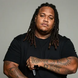 fat dark skinned half black half samoan drug dealer covered in tattoos with dreadlocks, wearing a black shirt photo