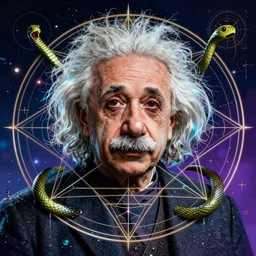 a cyberpunk portrait of einstein by jean - michel basquiat, by hayao miyazaki by artgerm, highly detailed, sacred geometry, mathematics, snake, geometry, cyberpunk, vibrant, water