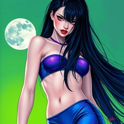 girl, longest black hair, blue latex pants, purple croptop, two moons, acid green background. highly detailed, digital painting, watercolor, engraving, artstation, concept art, smooth, sharp focus, vivid grunge, manga, illustration, unreal engine 5, art by bilibin and kilian eng and kuvshinov and malevich and mucha