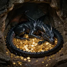 a black dragon, sleeping on a hoard of gold in it's den