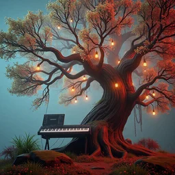 herbmusical _ keyboarddeciduous _ tree, style artstation, style greg rutkowsk, octane render, unreal engine 6, epic game graphics, fantasy, ciberpunk, conceptual art, ray tracing