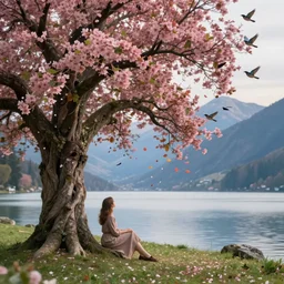 a beautiful awesome artistic tree, woman seating close to a tree, tree with falling flowers like leaves and many birds, all in the amazing outdoors view, mountain in the background, lake, long exposure, 8 k resolution, trending on artstation