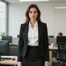 portrait of lindsey pelas tight white shirt underneath a black suit with a pencil skirt, office, by charlotte grimm, natural light, detailed face, beautiful features, symmetrical, canon eos c 3 0 0, ƒ 1. 8, 3 5 mm, 8 k, medium - format print,