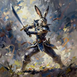 rabbit swordsman, brush strokes, oil painting, yugioh art style