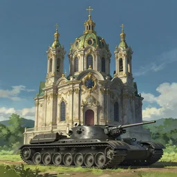 an ornate baroque church built on top of a tank. scene in an open field. key visual, conceptart, ambient lighting, highly detailed, digital painting, artstation, concept art, sharp focus, by makoto shinkai and akihiko yoshida and greg manchess