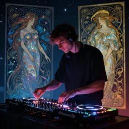 A long shot of a man djing at night under the stars, beautiful, digital art, artstation, hyperrealistic, 8k, unreal engine, octane render, trending on artstation, art by Artgerm and Greg Rutkowski and Alphonse Mucha