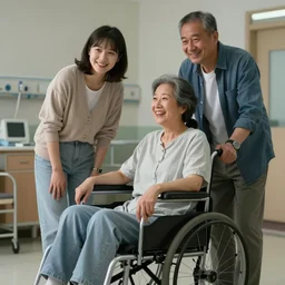 the patient was in a wheelchair in the hospital and two family members were standing by. happy, cheerful, sharp focus, artstation, cinematic, hyperdetailed, by william adolphe bouguereau