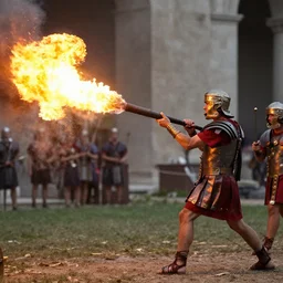 roman soldiers using a flamethrower