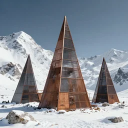 industrial metal pyramids high up in the snowy mountains, photograph from 3 0 0 ce