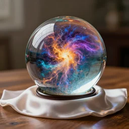 Large glass orb containing colorful energetic storms sits on a satin cloth on the wooden table, lit by godlight, photorealistic, cinematic, depth of field, award winning, high resolution, intricate details.