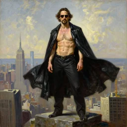 rippling physique starving keanu reeves wearing a black leather cape sunglasses whilst standing atop a skyscraper jamie wyeth greg rutkowski winslow homer thomas eakins jean helion oil painting
