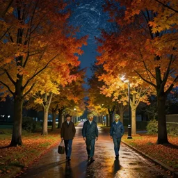 julius sergius klever and vincent van gogh and claude monet autumn maple trees in fall color beautiful midnight night. starry sky and cinematic reflections on wet path. street lamps illuminating softly.