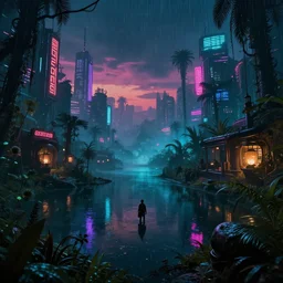 urbex by noah bradley, biopunk magic realism uv light at night dramatic lighting cyberpunk landscape nightsky neon signs at dusk bladerunner 2 0 4 9 rainforest retro assassin's creed junglepunk otherworldly lake apocalyptic steampunk tundra, archdaily, wallpaper, highly detailed, trending on artstation.