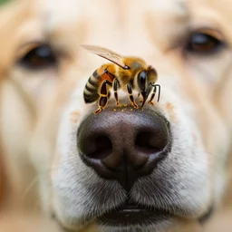 macro photography of a bee landing on a high detailed dog's nose. pollen on the nose. bokeh. contest winning photography. 8 k. hyper - realistic