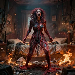 rgb, woman, bedroom full of fire, rage, trash everywhere, cinematic, movie scene, inspired by zdzislaw beksinski, clothes made out of veins,, cables everywhere, bedroom, ultra realistic, concept art, intricate details, highly detailed, photorealistic, octane render, 8 k