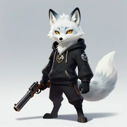 a league of legends concept art of an anthropomorphic arctic fox in a black hoodie holding a gun, front view, artstation, digital art, oc commission, style by jordan grimmer and greg rutkowski, 4 k resolution