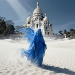 one lone singular swirling otherworldly angelic figure shrouded in cerulean robes emerges from extensive barren white dunescape, matte painting by peter mohrbacher and filip hodas, background basilica! sacre coeur, godrays, high contrast, highly detailed, a