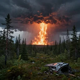 cinematic, panorama, spaceship crashed overgrown vegetation, boreal forest, a storm of fire raining down, sharp focus, wideshot ultrawide angle epic scale, dynamic dramatic dark moody lighting, shadows, cinematic atmosphere, artstation, hyperrealistic 3 d digital art, octane render, 8 k 4 k uhd image