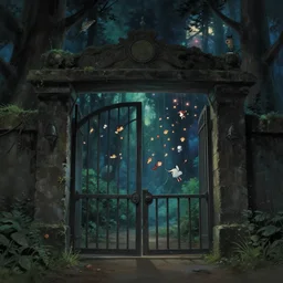 gate portal with another world visible inside style studio ghibli and Gerald Brom, sprites flyng inside, dreamy, mystical, dark