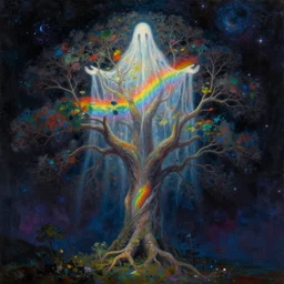 the ghost of the world tree radiates rainbow light into the dark cosmos, epic painting