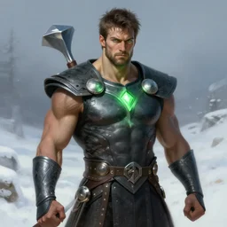 muscular thor holding mjolnir, snowy background, digital painting, green light, detailed, highly detailed, smooth, sharp focus, illustration by ruan jia and mandy jurgens and william - adolphe bouguereau, artgerm
