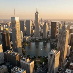 various skyscrapers, small lake in the middle with yachts, small distant birds, golden hour, artstation, digital art, photorealistic, hyperdetailed, beautiful, epic scene, aerial view,