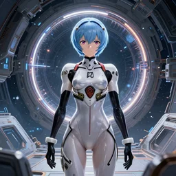 This is a digital art piece by Yoshiyuki Sadamoto that is trending on artstation. It is a 8K UHD image of Rei Ayanami, a female anime character, inside a space station with technological rings. She is shot from the ground by Yoshiyuki Sadamoto. The environment is a concept design and the art is hyper realistic with intricate details.